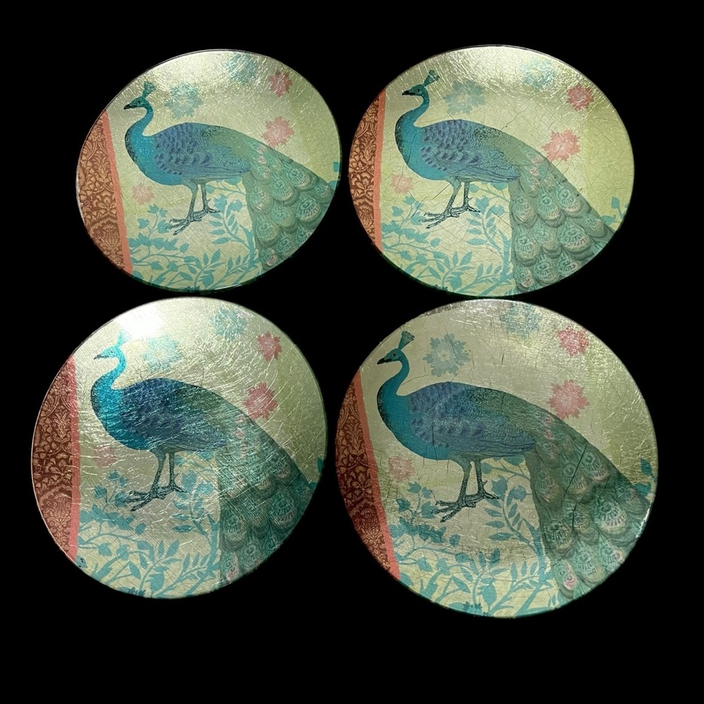 Pier 1 Imports Foiled Back 6” Peacock Appetizer Dessert Plates set of 4